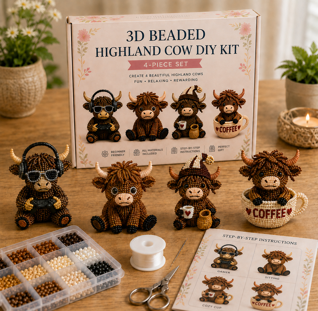 🎁3D Highland Cow Bead Kit – Adorable DIY Craft Gift Set