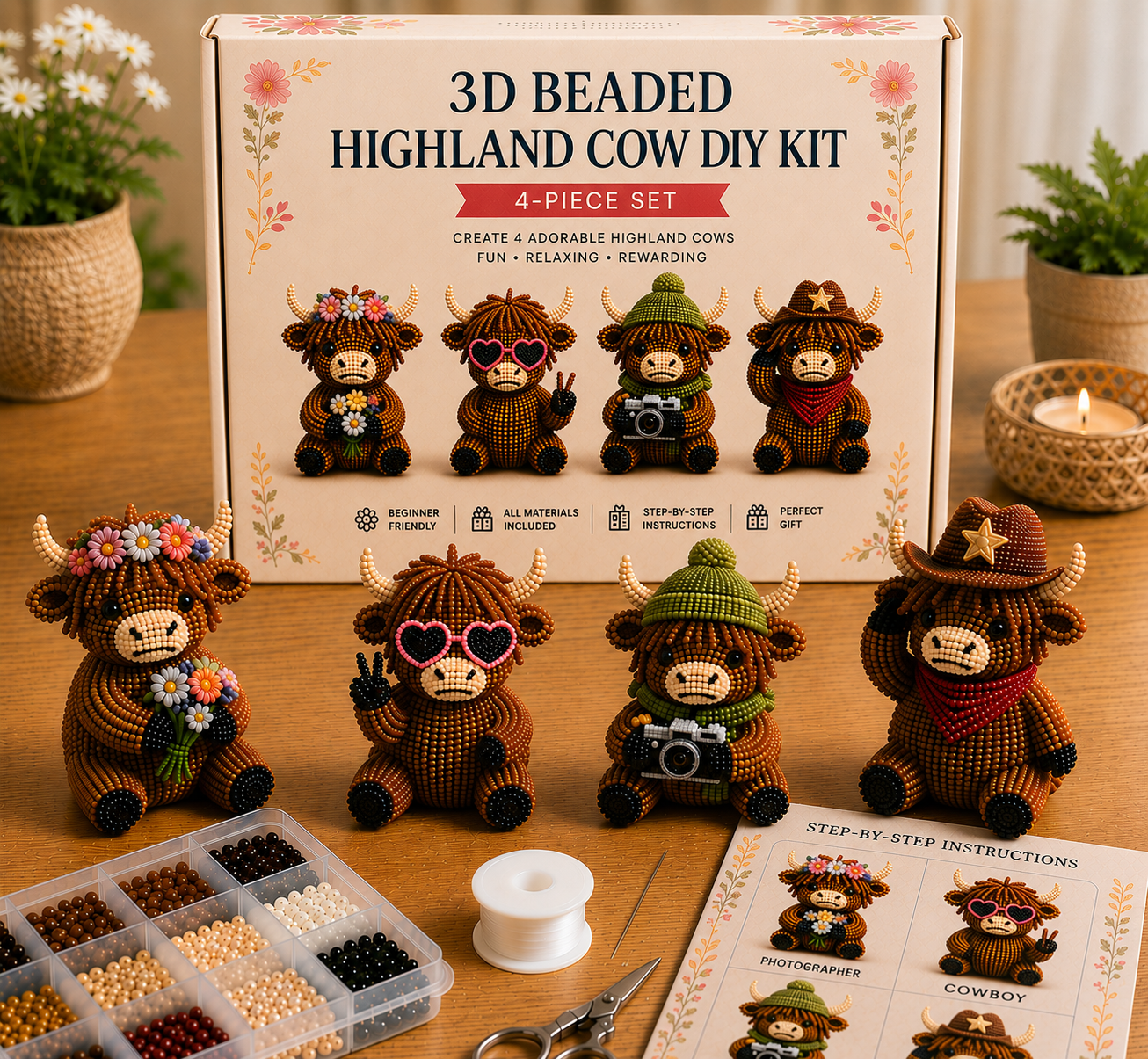 🎁3D Highland Cow Bead Kit – Adorable DIY Craft Gift Set