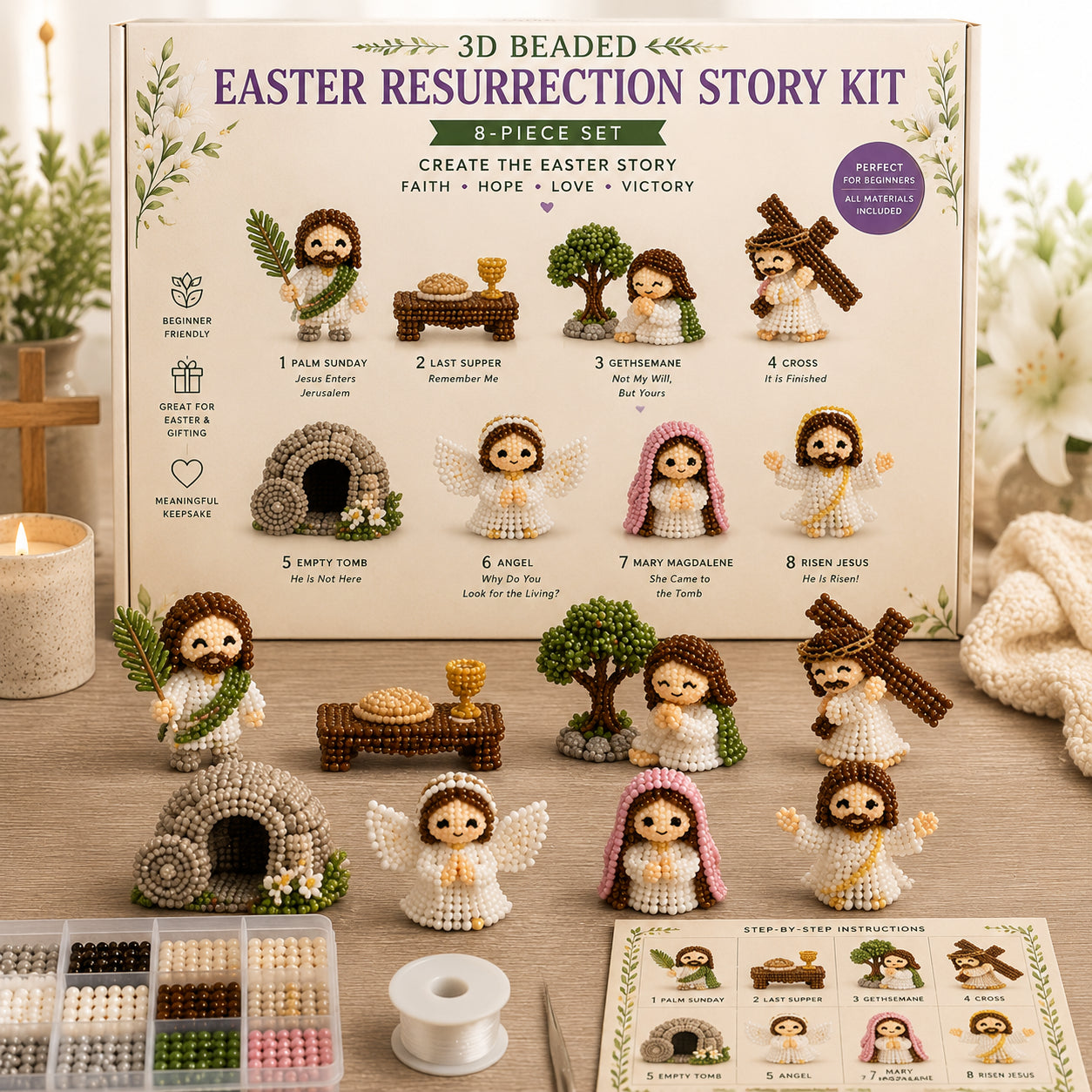 3D Beaded Nativity Collection DIY Kit – Handmade Christmas Faith Craft Set (8-Piece Set)