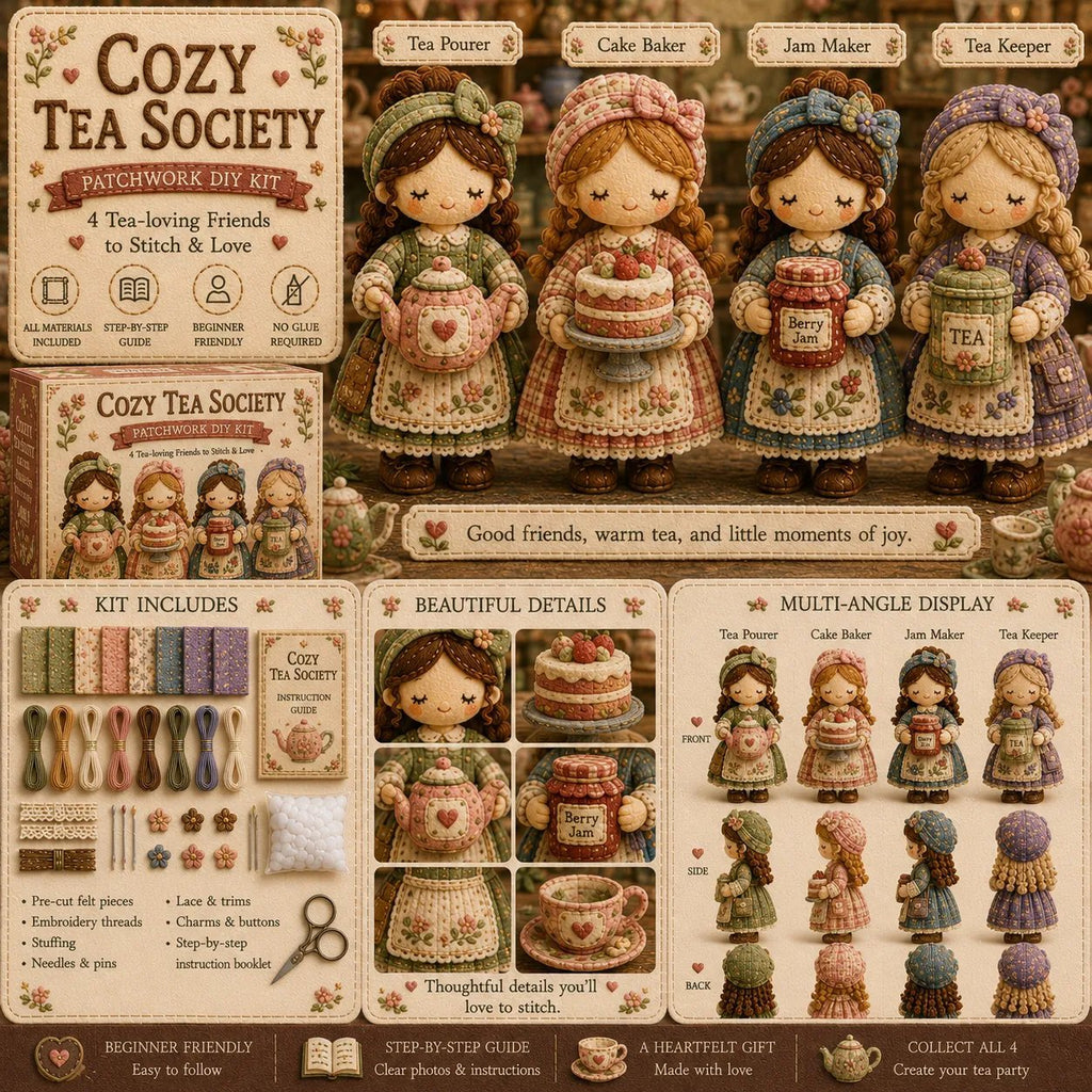 A "Cozy Tea Society" patchwork DIY kit including all materials to create four tea-themed doll friends, complete with a step-by-step guide and detailed views.