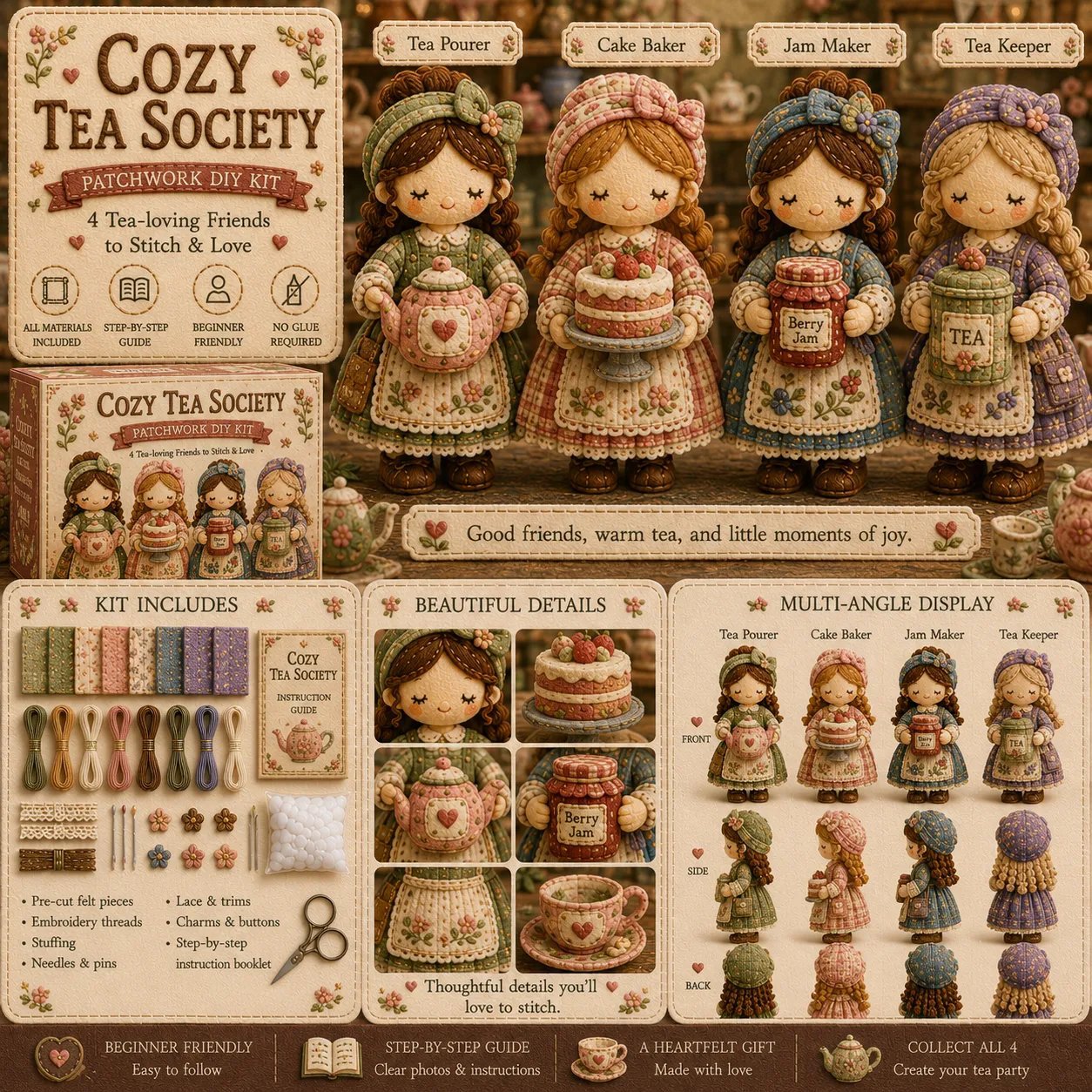 A "Cozy Tea Society" patchwork DIY kit including all materials to create four tea-themed doll friends, complete with a step-by-step guide and detailed views.