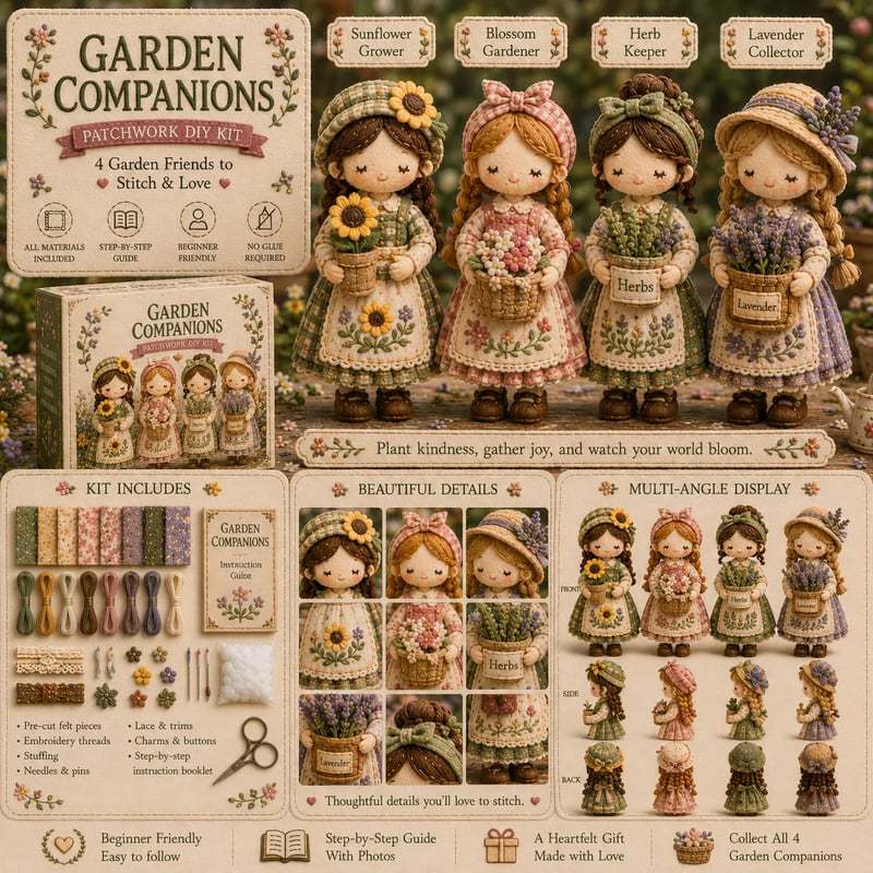 "Garden Companions" patchwork DIY kit displaying four garden-themed doll characters, along with fabric pieces, sewing notions, and finished project details.