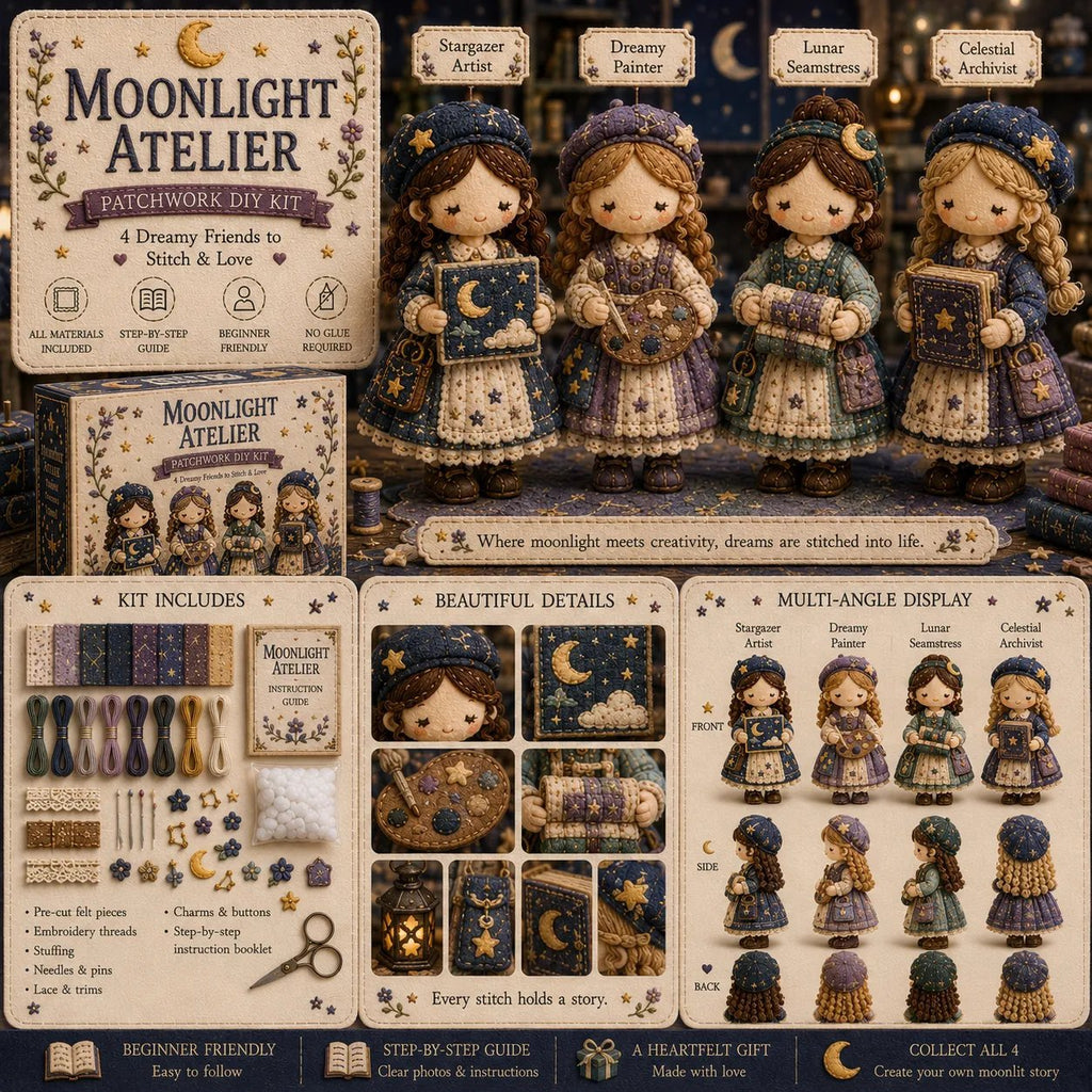The "Moonlight Atelier" patchwork DIY kit featuring four celestial-themed artisan dolls, showing all included crafting materials and close-up design elements.