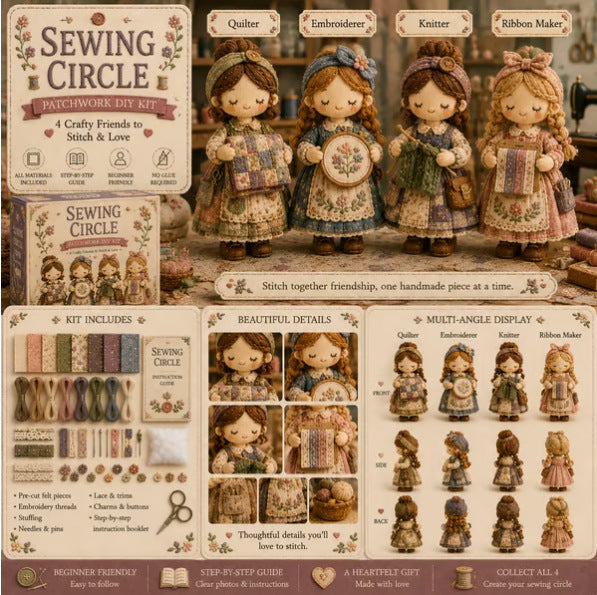 A "Sewing Circle" patchwork DIY kit featuring four crafty doll figures, complete with a full list of included supplies and multi-angle photos for assembly.