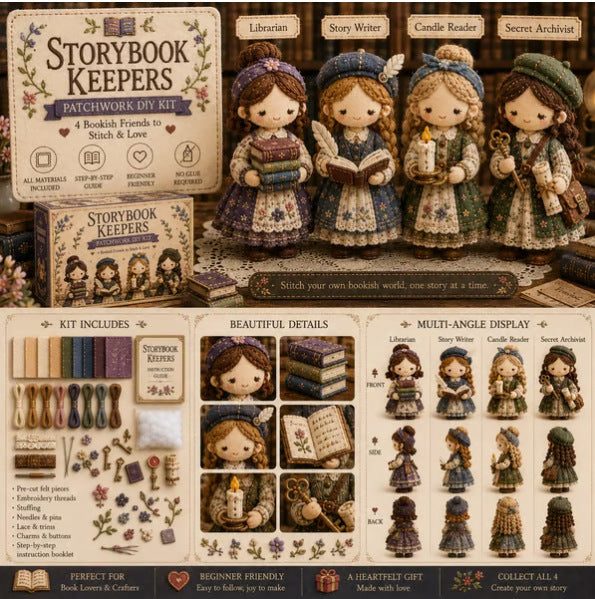 "Storybook Keepers" patchwork DIY kit set, showcasing four literary-themed doll characters and all necessary components for this beginner-friendly craft project.