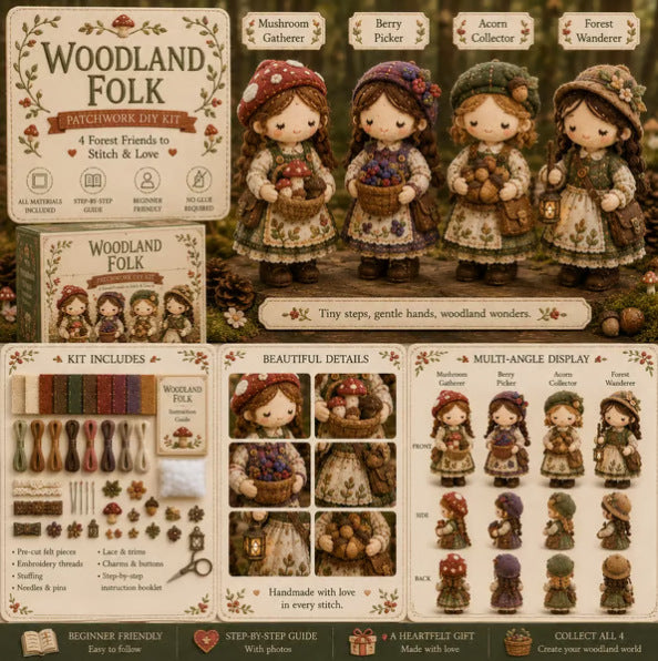 "Woodland Folk" patchwork DIY kit, including materials to create four forest-themed doll friends, along with clear instructional photos and multi-angle display images