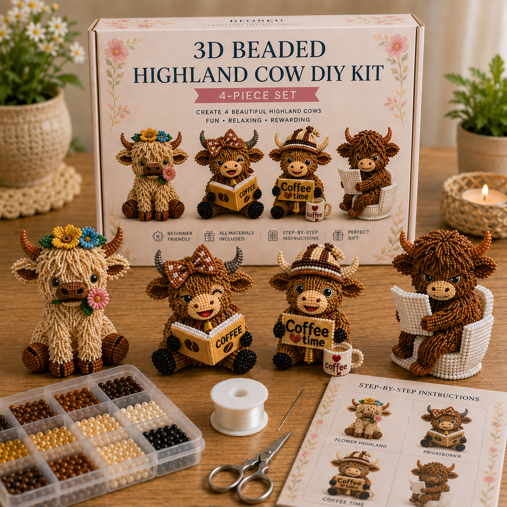 🎁3D Highland Cow Bead Kit – Adorable DIY Craft Gift Set
